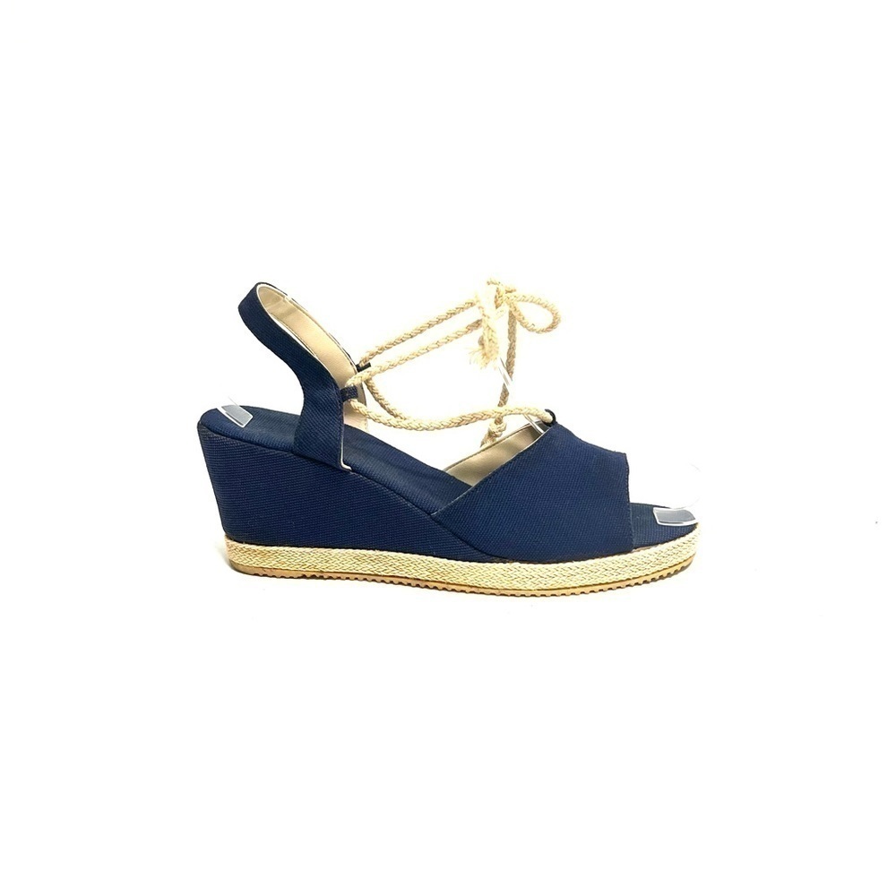 Vintage 1960s navy blue canvas rope lace up espadrille wedge sandals